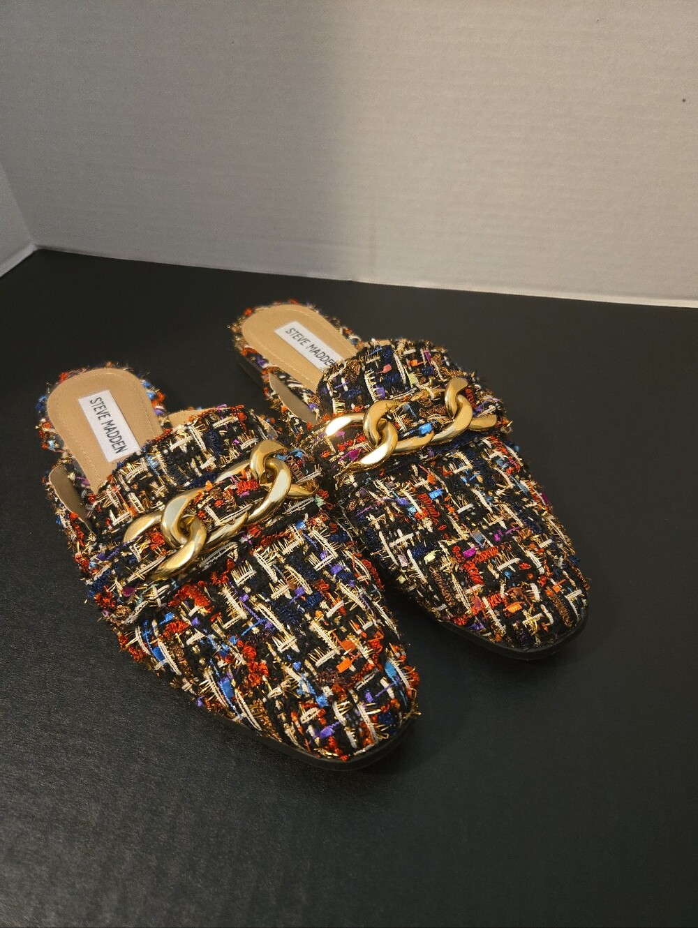 Steve Madden Tweed Loafer Mules. Gold Chain Sz. 8